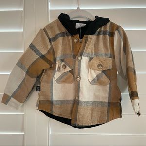 Olive + Scout Flannel Hooded Shacket Plaid Tan Size 18-24 months